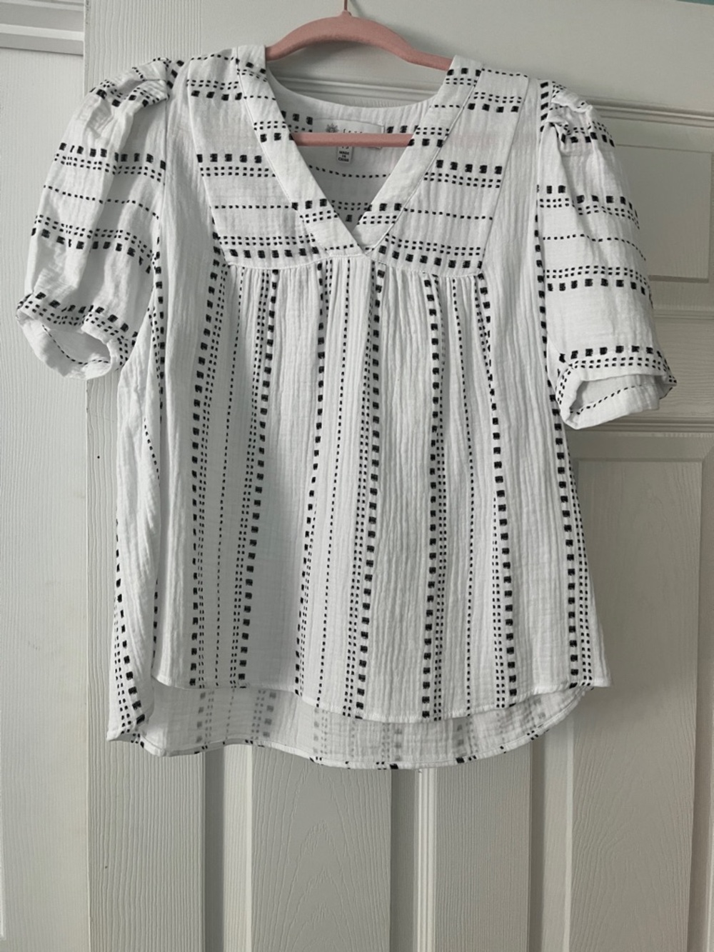 Fever White V-Neck Black-Striped Puff Sleeve Blouse